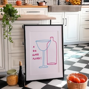 Een groot glas alstublieft afdrukken, funky barwagen, minimalistische kunst, eetkamerkunst, trendy barwagenkunst, print funky bar, poster wijnfles, poster wijn