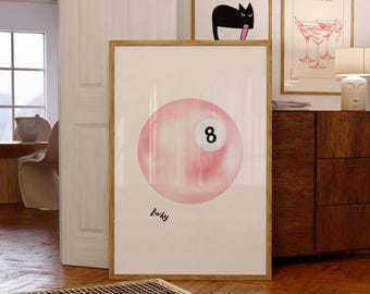 Impressão vintage da Bola 8 da Sorte, pôster de bola de bilhar rosa (download digital)