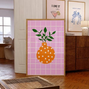 Impresión de florero, decoración rosa y naranja, arte floral abstracto colorido, decoración floral retro, flores dibujadas a mano, impresión de diseño minimalista