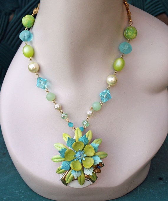 Vintage Lime Green & Turquoise Enamel Flower Statement - Etsy