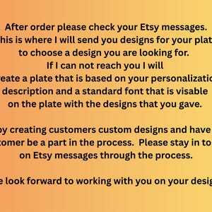 May include: Text on an orange and yellow gradient background. The text reads: "After order please check your Etsy messages... We look forward to working with you on your design."