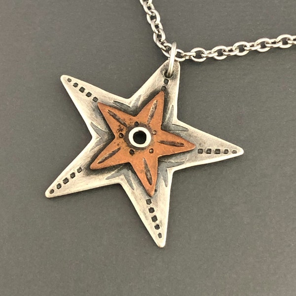 Sterling Silver and Copper Star Pendant, hand stamped and riveted with oxidized patina finish