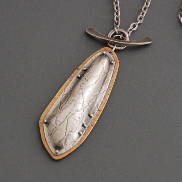 Silver pendant, mixed metal, brass, Cicada Wing, toggle clasp necklace