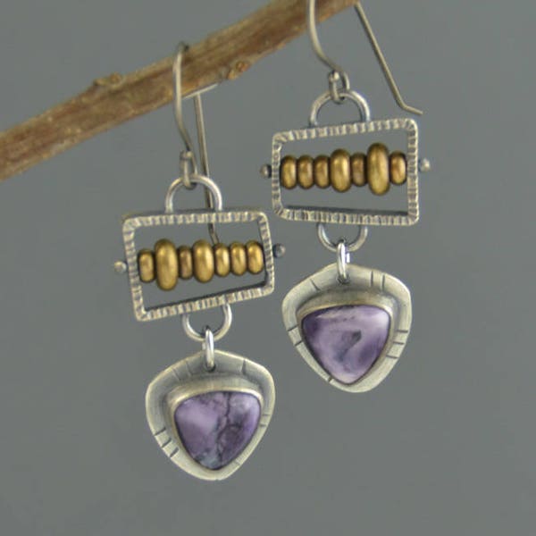 Purple Tiffany Stone Earrings, Sterling Silver, Brass, Mixed Metal, art jewelry, statement earrings