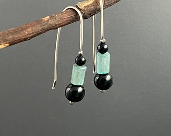 Blue and Black gemstone earrings, kyanite earrings, black onyx, simple beaded earrings, long beaded earrings, colorful earrings