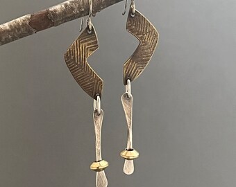 Mixed metal earrings, silver and brass, sterling silver, hand forged, textured, oxidized, industrial, dangle earrings, metalsmith jewelry