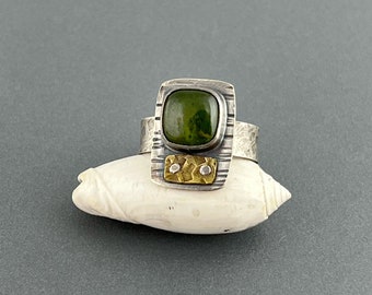 Green Vesuvianite Ring, sterling silver band, brass, mixed metal, riveted, industrial, texture, oxidized, rustic, hand fabricated, size 10