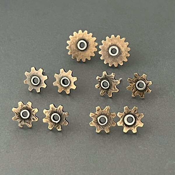 Sprocket Stud Earrings, gear earrings, cog earrings, mixed metal posts, silver and brass stud earrings