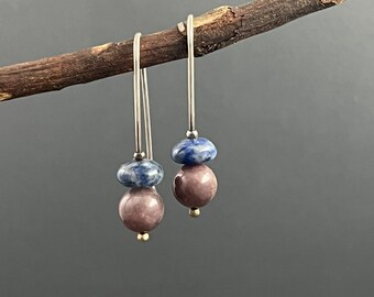Blue and Purple gemstone earrings, Sodalite earrings, purple aventurine, simple beaded earrings, long beaded earrings, colorful earrings