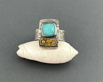 Teal Amazonite Ring, sterling silver band, brass, mixed metal, riveted, industrial, texture, oxidized, rustic, hand fabricated, size 7.25