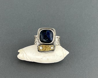 Blue Sodalite Ring, sterling silver band, brass, mixed metal, riveted, industrial, texture, oxidized, rustic, hand fabricated, size 8