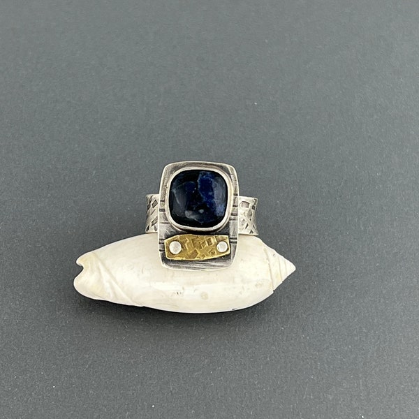 Blue Sodalite Ring, sterling silver band, brass, mixed metal, riveted, industrial, texture, oxidized, rustic, hand fabricated, size 8
