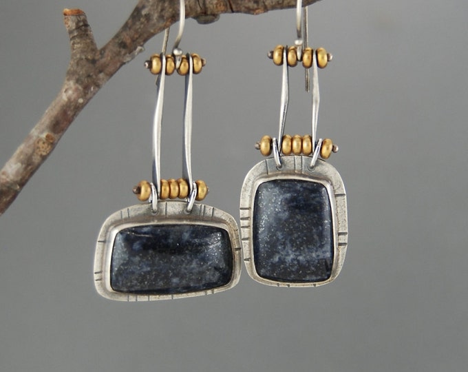 Blue Dumortierite Earrings, Asymmetrical Design, Long Dangle, Artisan
