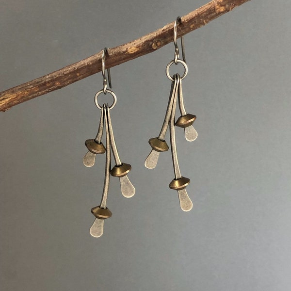 Silver and brass mixed metal earrings, hand forged earrings, wishbone earrings, metalsmith jewelry, long dangle, two tone earrings