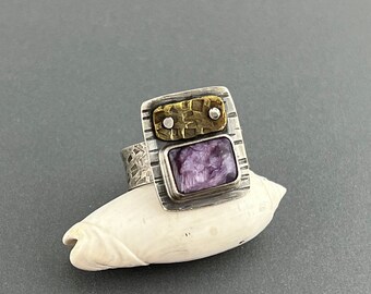 Purple Charoite Ring, sterling silver band, brass, mixed metal, riveted, industrial, texture, oxidized, rustic, hand fabricated, size 9.25