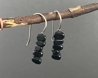 Black Onyx Earrings, black gemstone earrings, onyx earrings, simple beaded earrings, long beaded earrings
