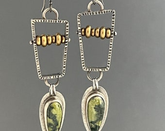 Green Serpentine Abacus Earrings with Silver and Brass