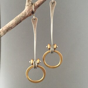 Mixed metal earrings, silver earrings, brass earrings, dangle, drop, hand forged, pinned earrings, brass hoop, metalsmith, steampunk jewelry