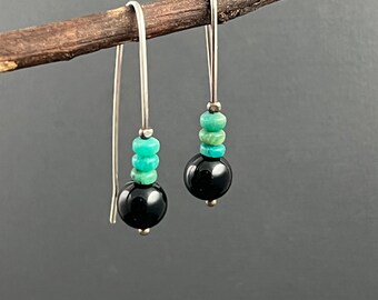 Blue and Black gemstone earrings, Amazonite earrings, black onyx, simple beaded earrings, long beaded earrings, colorful earrings