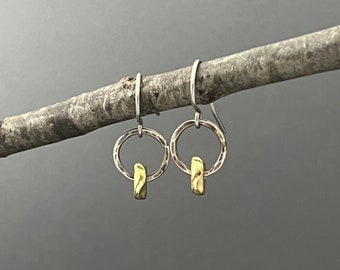 Mini Hoop Earrings, small circle earrings, sterling silver and brass, two tone earrings, mixed metal earrings, simple earrings, every day