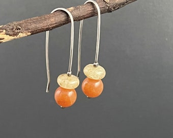 Yellow and Orange gemstone earrings, Aventurine earrings, citrine earrings, simple beaded earrings, long beaded earrings, colorful earrings