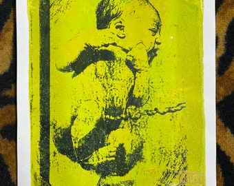 Childbirth Newborn Umbilical Cord -  OOAK monoprint painting - midwife, doula, nurse, doctor, OBGYN