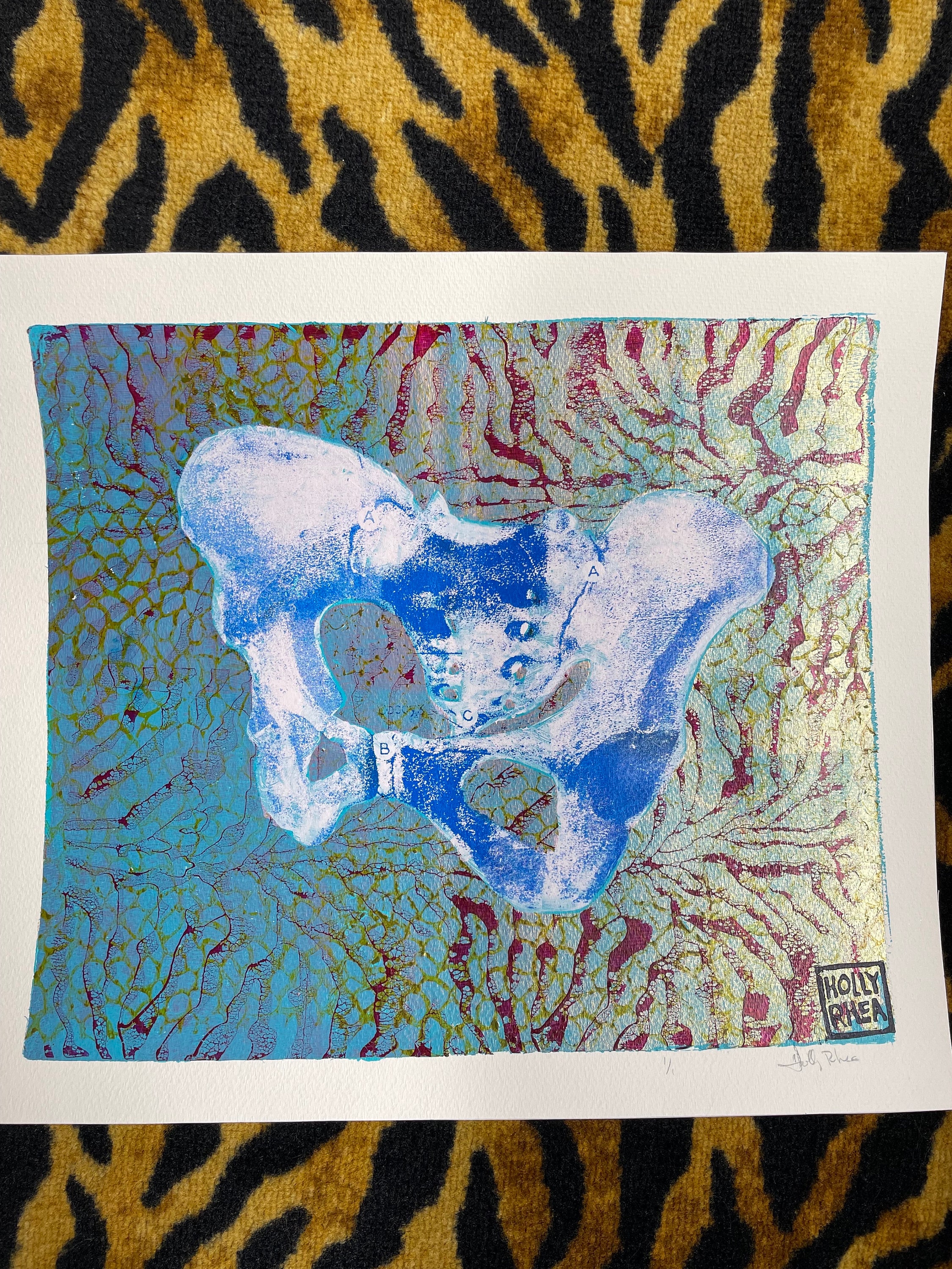 Childbirth Anatomy female Pelvis OOAK monoprint painting - doula, midwife, OBGYN, nurse