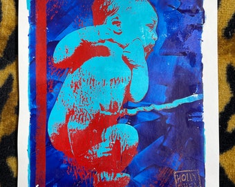 Childbirth Newborn Umbilical Cord -  OOAK monoprint painting - midwife, doula, nurse, doctor, OBGYN