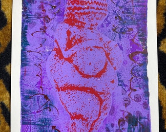 Venus de Willendorf OOAK monoprint painting - fertility goddess wild woman- midwife, doula, nurse, doctor, OBGYN