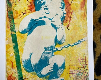 Childbirth Newborn Umbilical Cord -  OOAK monoprint painting - midwife, doula, nurse, doctor, OBGYN