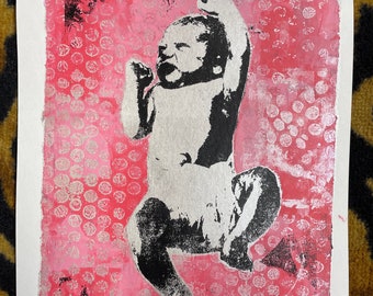 Childbirth newborn pink, black and silver -  OOAK monoprint painting - midwife, nurse, doula, OBGYN