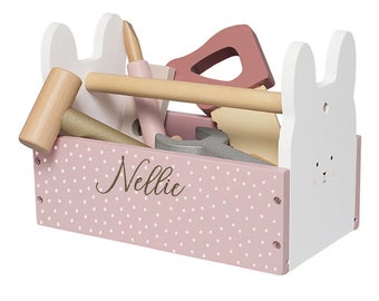 Boîte à outils personnalisée en bois avec lapin rose