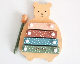 Personalised Polka Dot Kids Wooden Teddy Xylophone Toy