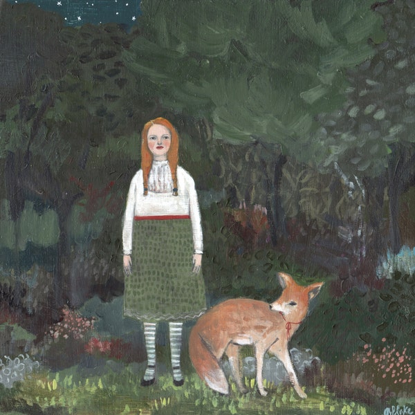 Fine art print of original oil painting - they would find answers in the night - limited edition fine art giclee print of girl with fox