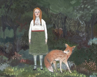 Fine art print of original oil painting - they would find answers in the night - limited edition fine art giclee print of girl with fox