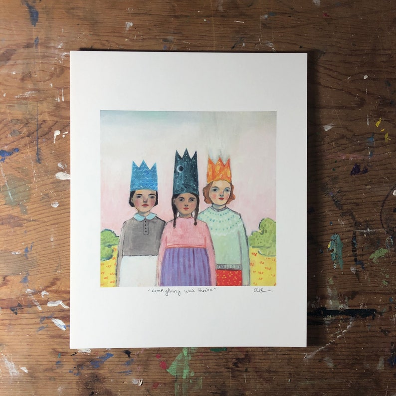 Print everything was theirs print of oil painting, wall art, giclee print, art, three girls, sisters, crowns, best friends image 2
