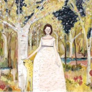 May include: A woman in a white dress stands in a forest with a small, yellow animal by her side. The trees are painted in shades of yellow, green, and brown, with a blue stream running through the center of the image.