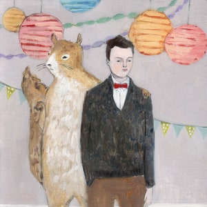 May include: An artistic painting depicts a person in a black jacket and brown pants with a red bow tie, standing next to a large squirrel. Colorful paper lanterns and bunting decorate the background.