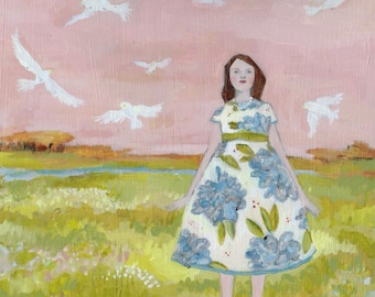 May include: An original painting of a person in a floral dress standing in a field with white birds flying in a pink sky. The dress is white with blue floral patterns and a green belt. The artwork has a whimsical, dreamy quality.