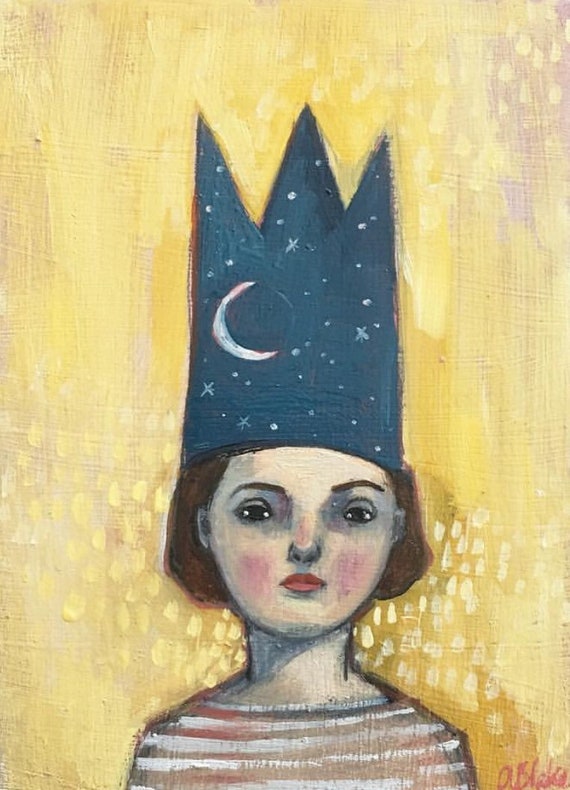 Edna giclee print girl with night sky crown stars yellow | Etsy