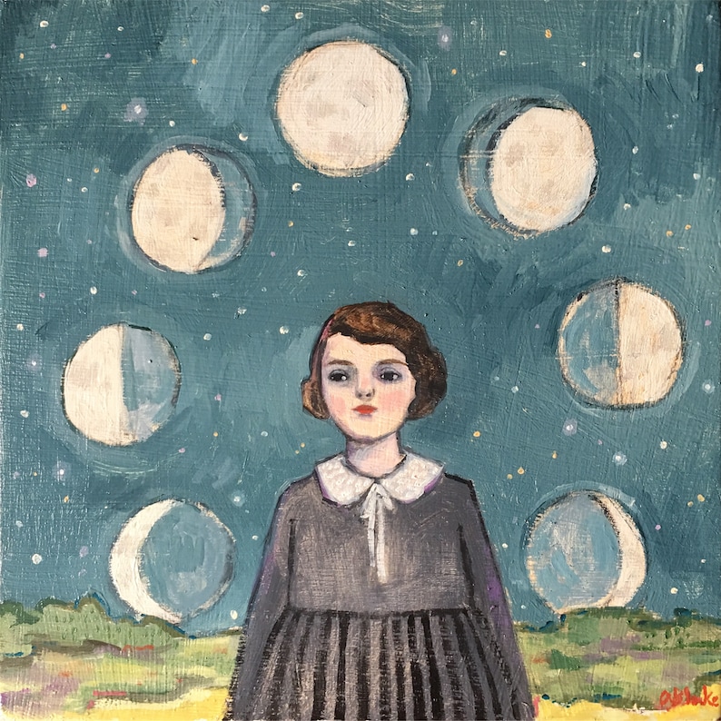 Fine art print Marion found her place in the universe print of oil painting, wall art, giclee print, moon phase art, moon phases art image 1