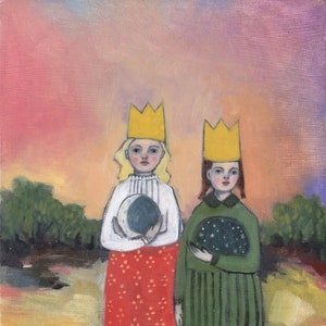 they held the moon and stars - fine art print of oil painting, two girls, sisters, wall art, giclee print, prints, wall decor, best friends