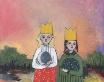 they held the moon and stars - fine art print of oil painting, two girls, sisters, wall art, giclee print, prints, wall decor, best friends