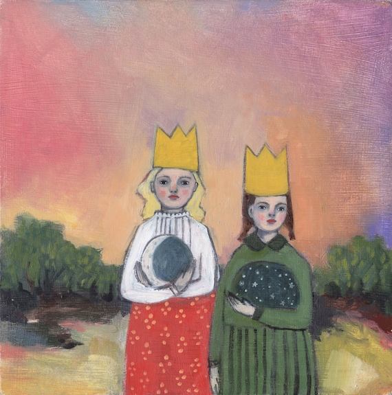 they held the moon and stars - fine art print of oil painting, two girls, sisters, wall art, giclee print, prints, wall decor, best friends