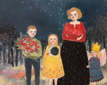 Giclee print - She wanted nothing more for them than the moon and stars, hope and beauty - print oil painting, wall art, mother and children