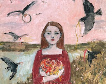 May include: A painting of a young woman with long brown hair, wearing a red dress, holding a heart-shaped bouquet of flowers. The background is a pink sky with birds flying, and a field of green grass.