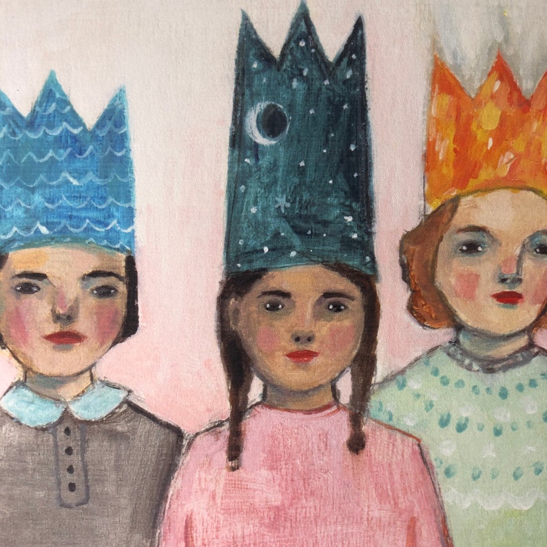 Print everything was theirs print of oil painting, wall art, giclee print, art, three girls, sisters, crowns, best friends image 3