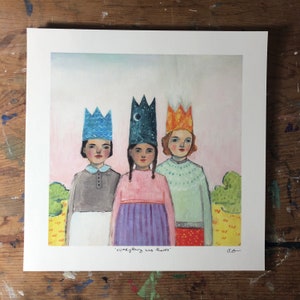 Print everything was theirs print of oil painting, wall art, giclee print, art, three girls, sisters, crowns, best friends image 4