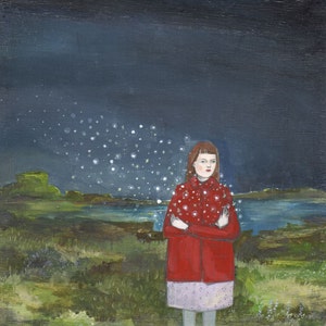 May include: A painting of a young woman standing in a field with a dark blue sky and white stars. She is wearing a red coat and a purple skirt. The woman is looking to the left of the image.