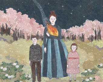 her fire guided them through the night - giclee print of oil painting, wall art